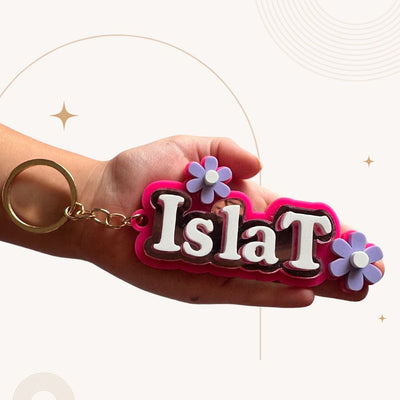 Personalised Bag Tag Key Chain 3D Acrylic Pink and Purple Flower - My Little Makers
